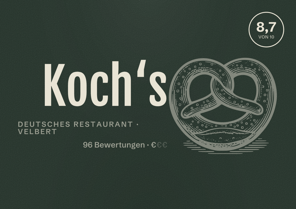 Illustriertes Poster von Koch‘s, Deutsches Restaurant in Velbert: Bewertung 8,7 von 10 aus 96 Bewertungen, Preisniveau €