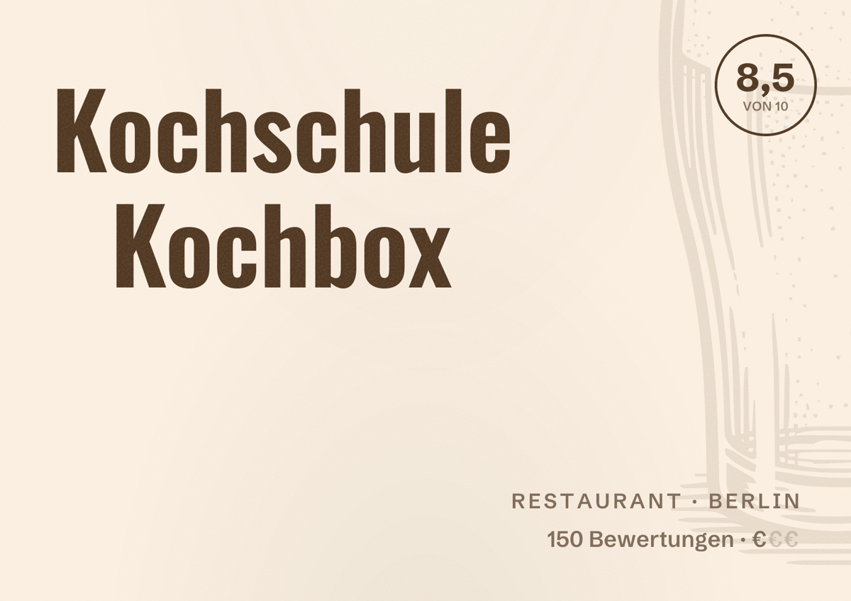Illustriertes Poster von Kochschule Kochbox, Restaurant in Berlin: Bewertung 8,5 von 10 aus 150 Bewertungen, Preisniveau €