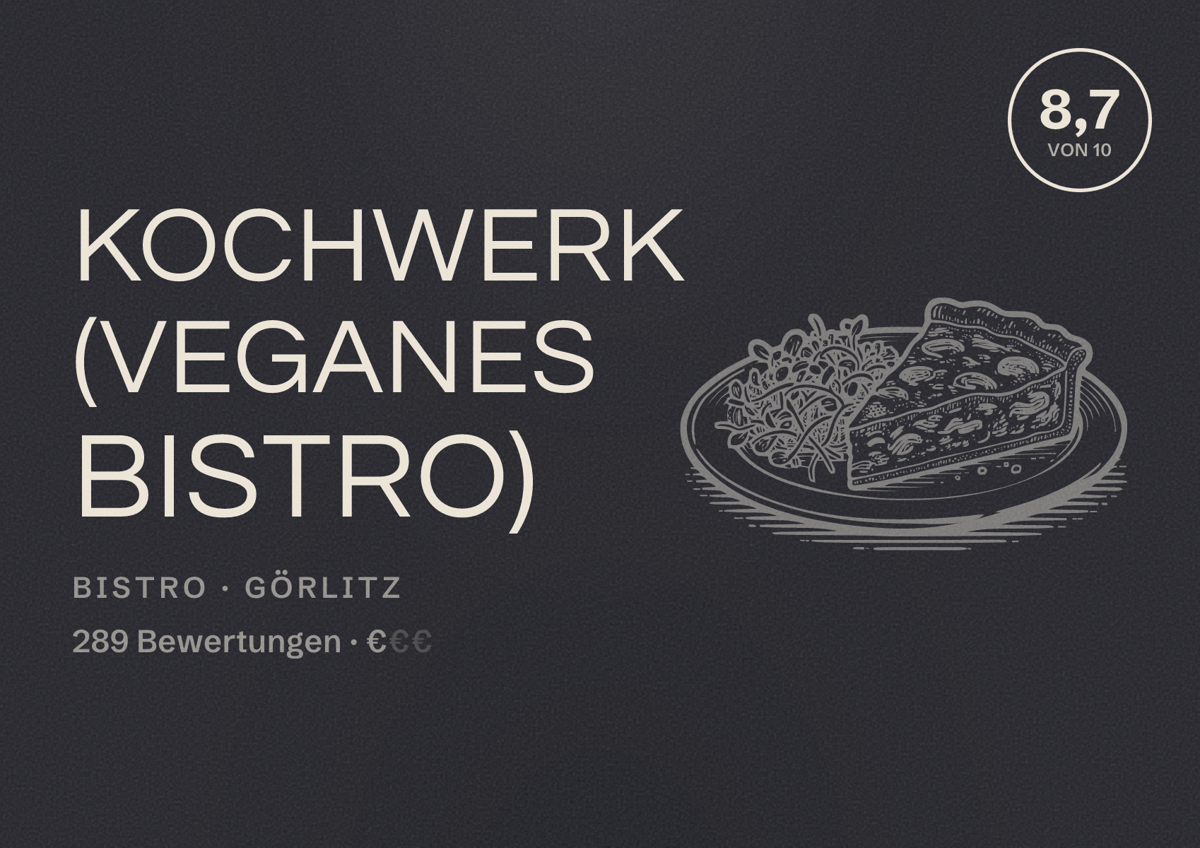 Illustriertes Poster von Kochwerk (Veganes Bistro), Bistro in Görlitz: Bewertung 8,7 von 10 aus 289 Bewertungen, Preisniveau €