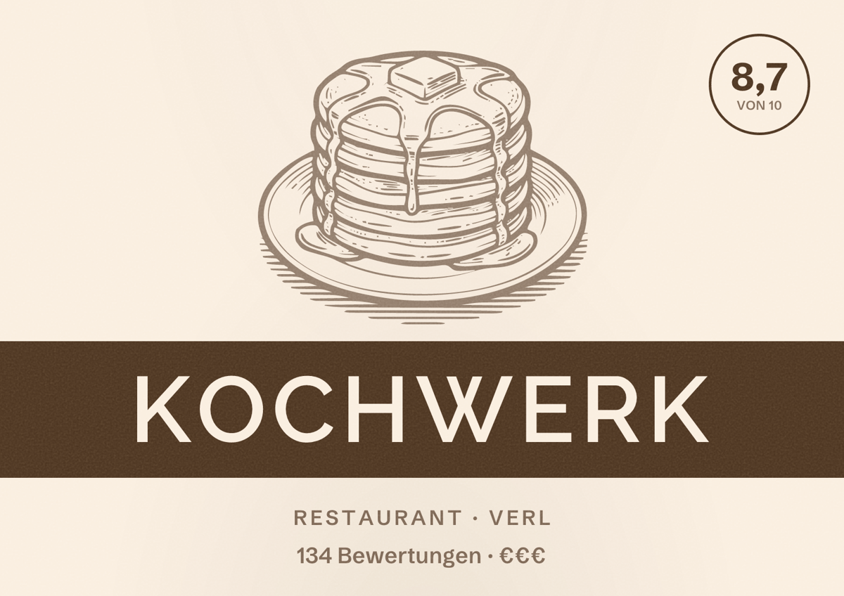 Illustriertes Poster von Kochwerk, Restaurant in Verl: Bewertung 8,7 von 10 aus 134 Bewertungen, Preisniveau €€€
