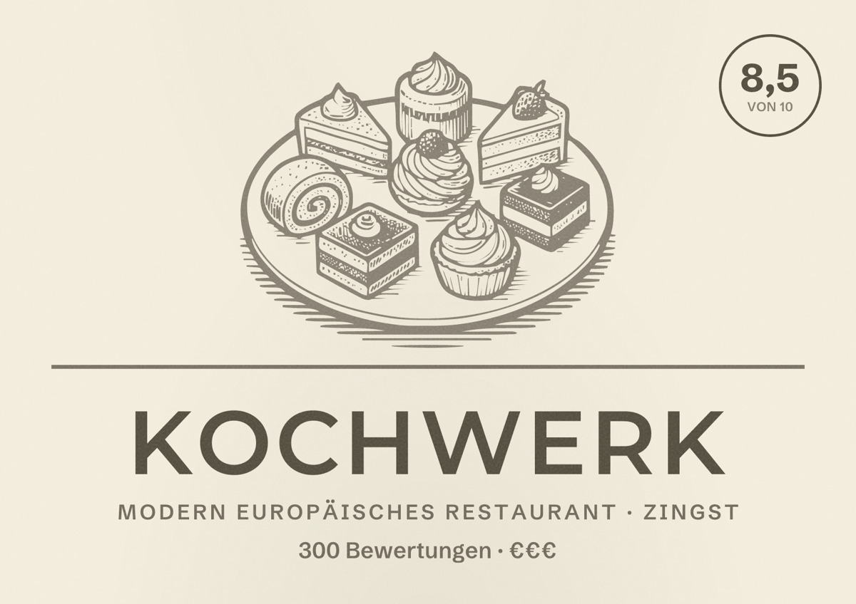 Illustriertes Poster von KOCHWERK, Modern europäisches Restaurant in Zingst: Bewertung 8,5 von 10 aus 300 Bewertungen, Preisniveau €€€