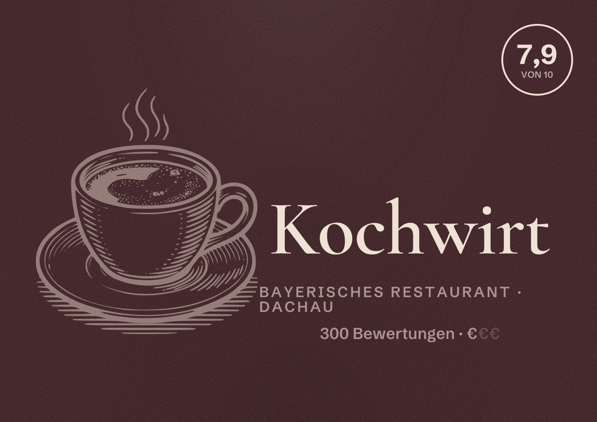 Illustriertes Poster von Kochwirt, Bayerisches Restaurant in Dachau: Bewertung 7,9 von 10 aus 300 Bewertungen, Preisniveau €