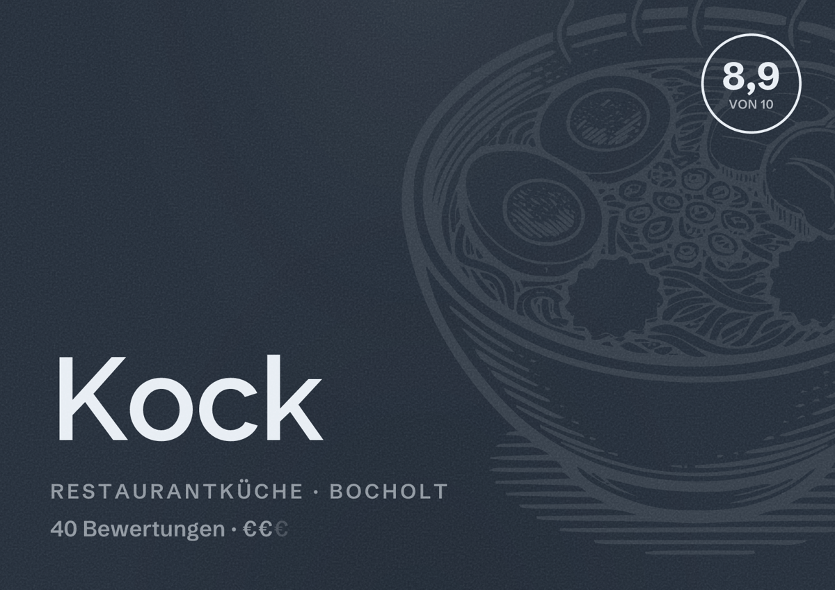Illustriertes Poster von Kock, Restaurantküche in Bocholt: Bewertung 8,9 von 10 aus 40 Bewertungen, Preisniveau €€