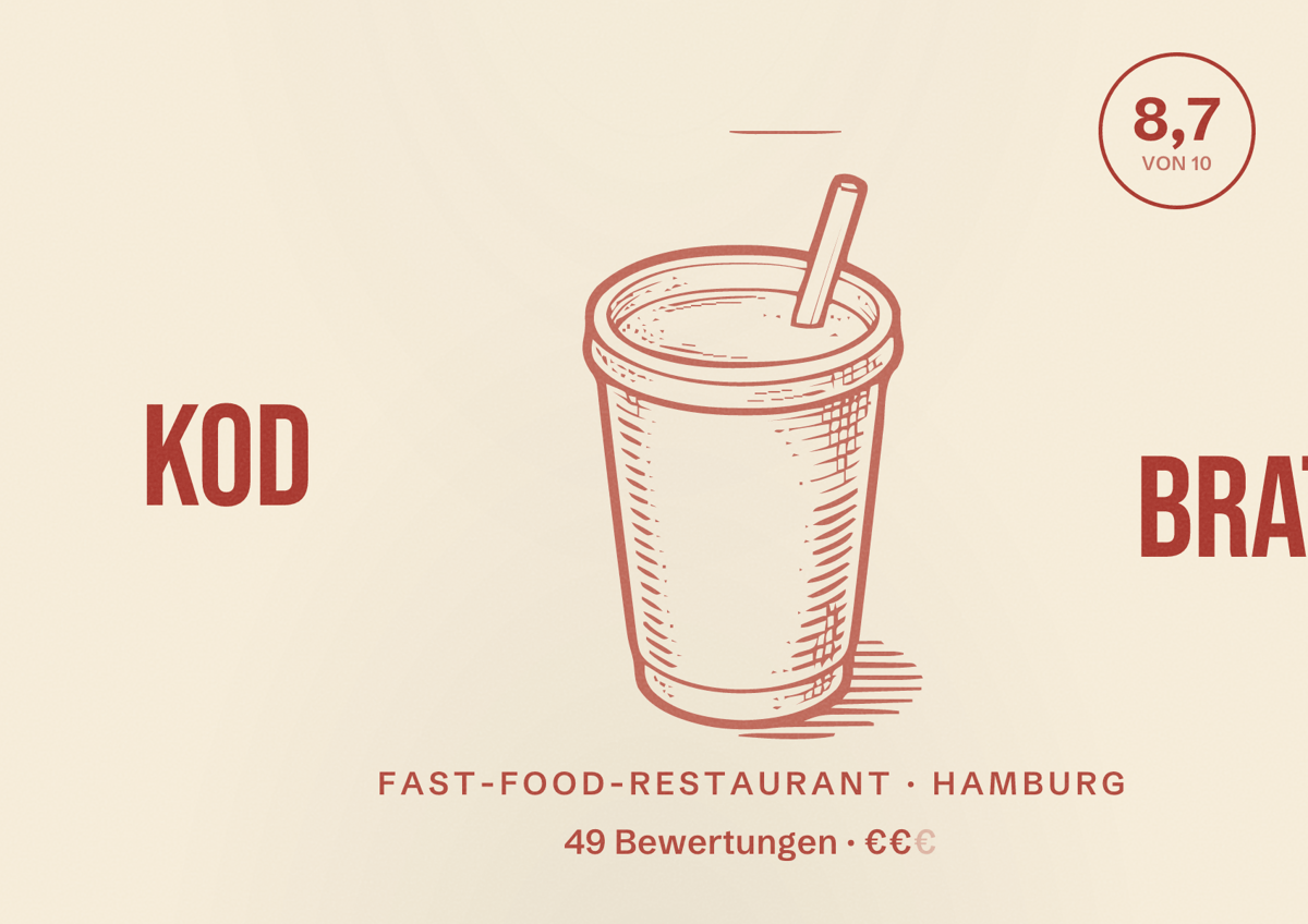 Illustriertes Poster von Kod Brata, Fast-Food-Restaurant in Hamburg: Bewertung 8,7 von 10 aus 49 Bewertungen, Preisniveau €€
