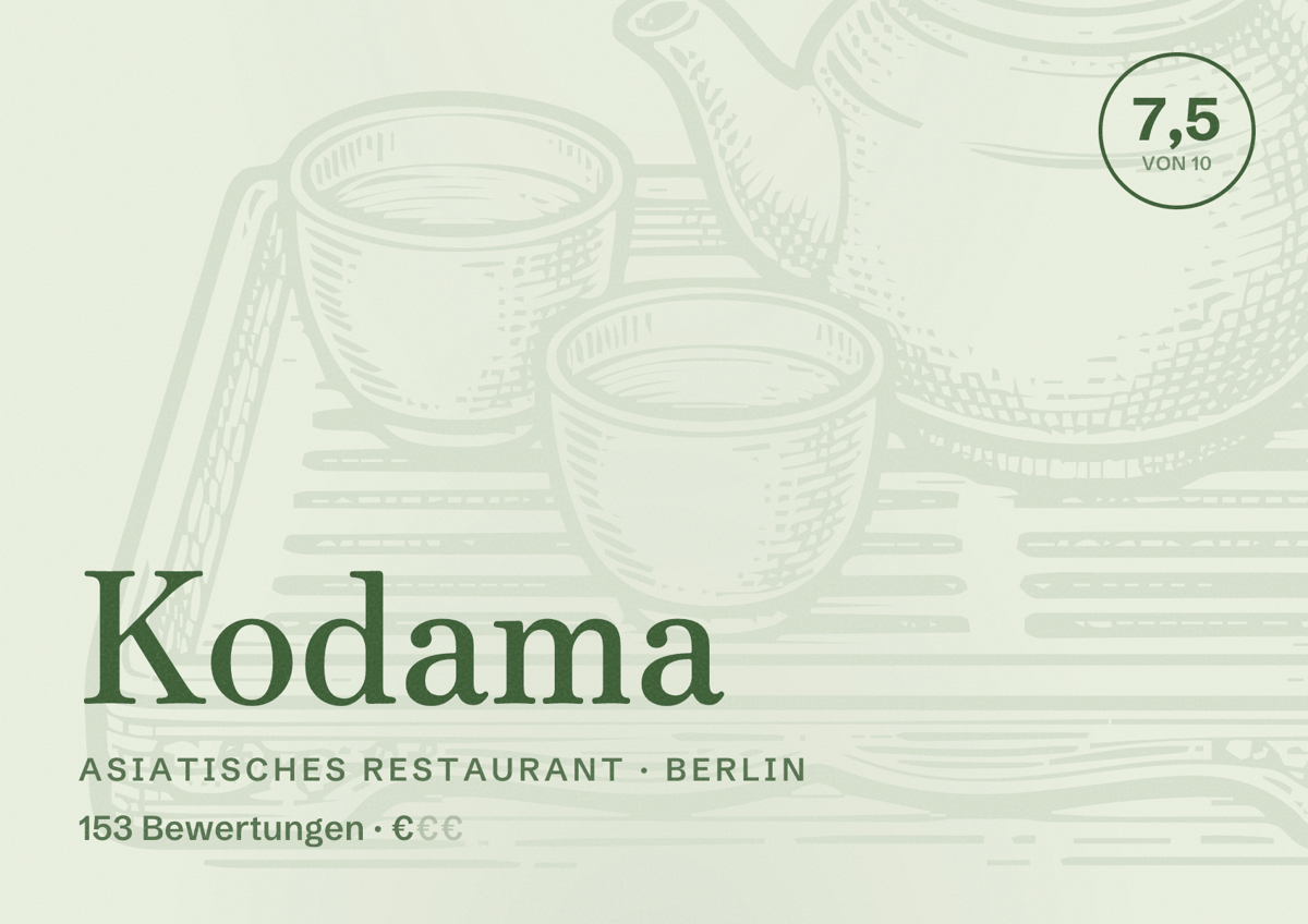 Illustriertes Poster von Kodama, Asiatisches Restaurant in Berlin: Bewertung 7,5 von 10 aus 153 Bewertungen, Preisniveau €