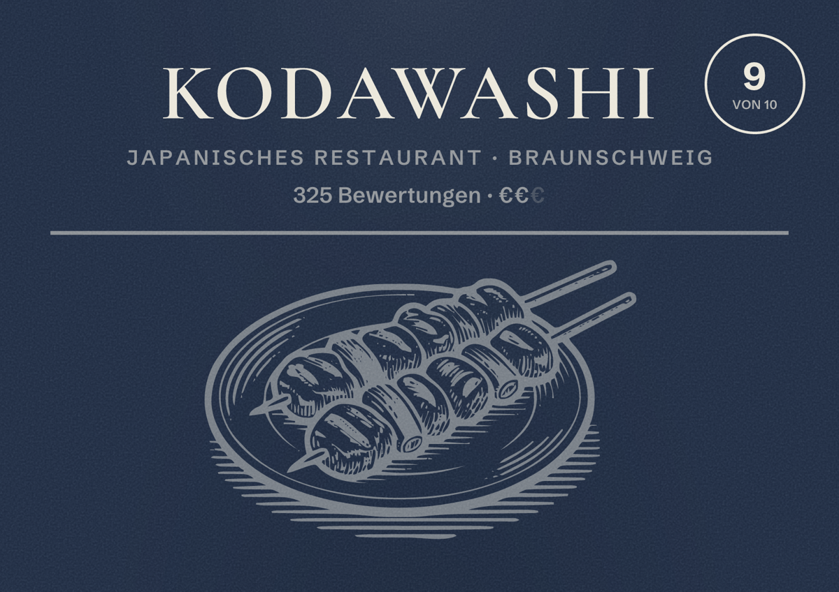 Illustriertes Poster von Kodawashi, Japanisches Restaurant in Braunschweig: Bewertung 9,0 von 10 aus 325 Bewertungen, Preisniveau €€