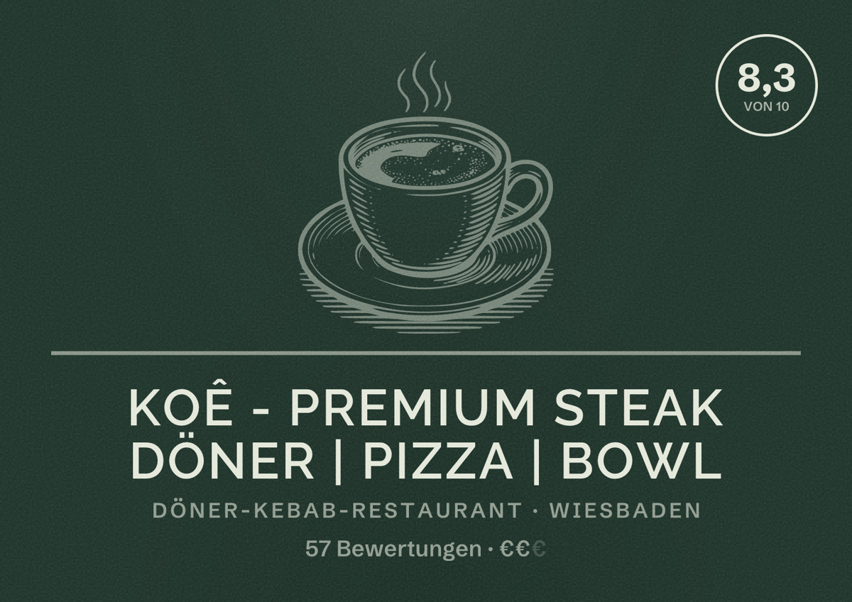 Illustriertes Poster von KOÊ - Premium Steak Döner | Pizza | Bowl, Döner-Kebab-Restaurant in Wiesbaden: Bewertung 8,3 von 10 aus 57 Bewertungen, Preisniveau €€