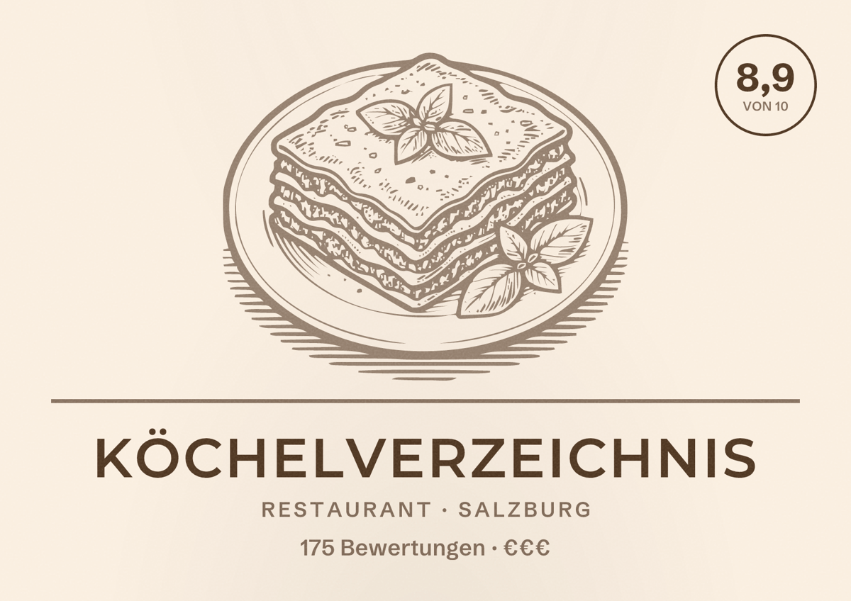 Illustriertes Poster von Köchelverzeichnis, Restaurant in Salzburg: Bewertung 8,9 von 10 aus 175 Bewertungen, Preisniveau €€€