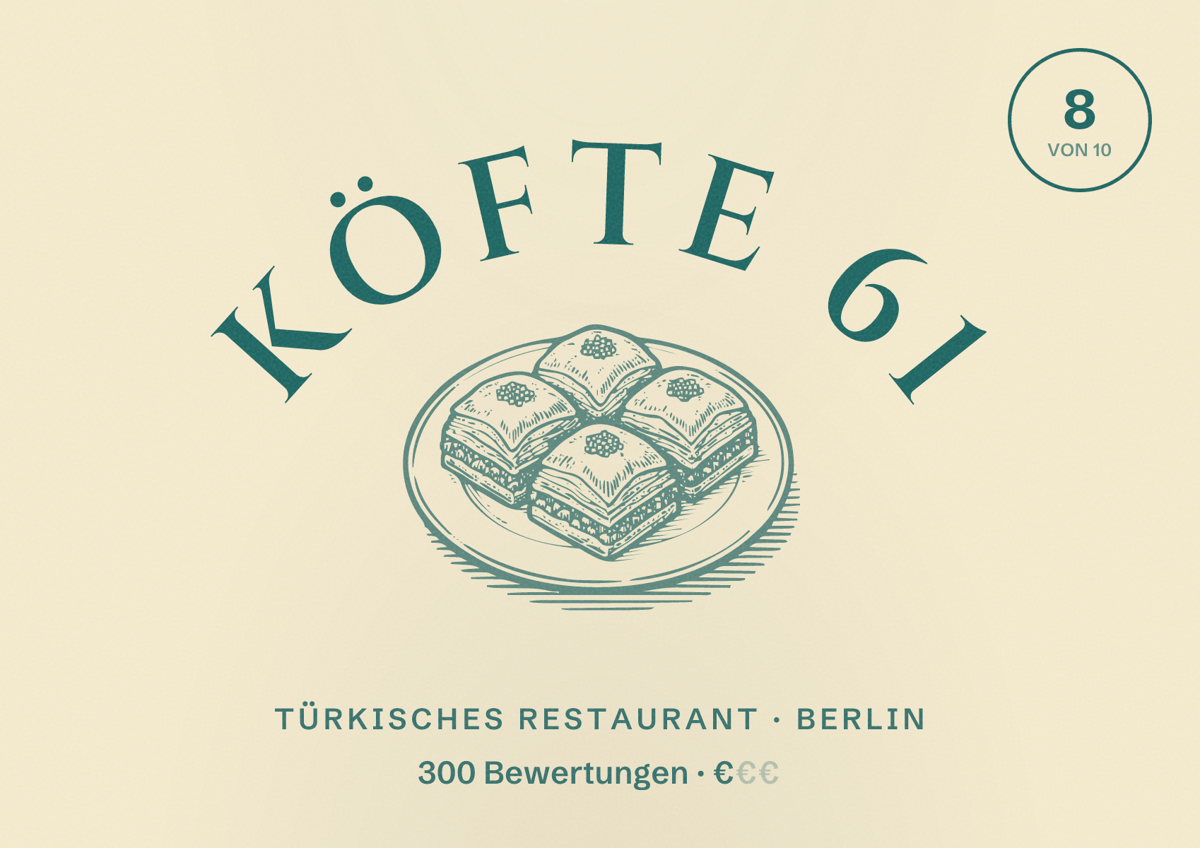 Illustriertes Poster von Köfte 61, Türkisches Restaurant in Berlin: Bewertung 8,0 von 10 aus 300 Bewertungen, Preisniveau €