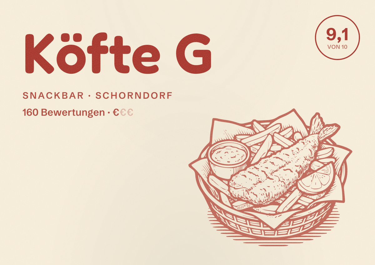 Illustriertes Poster von Köfte G, Snackbar in Schorndorf: Bewertung 9,1 von 10 aus 160 Bewertungen, Preisniveau €