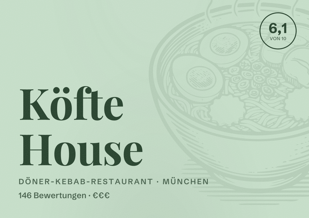 Illustriertes Poster von Köfte House, Döner-Kebab-Restaurant in München: Bewertung 6,1 von 10 aus 146 Bewertungen, Preisniveau €€€