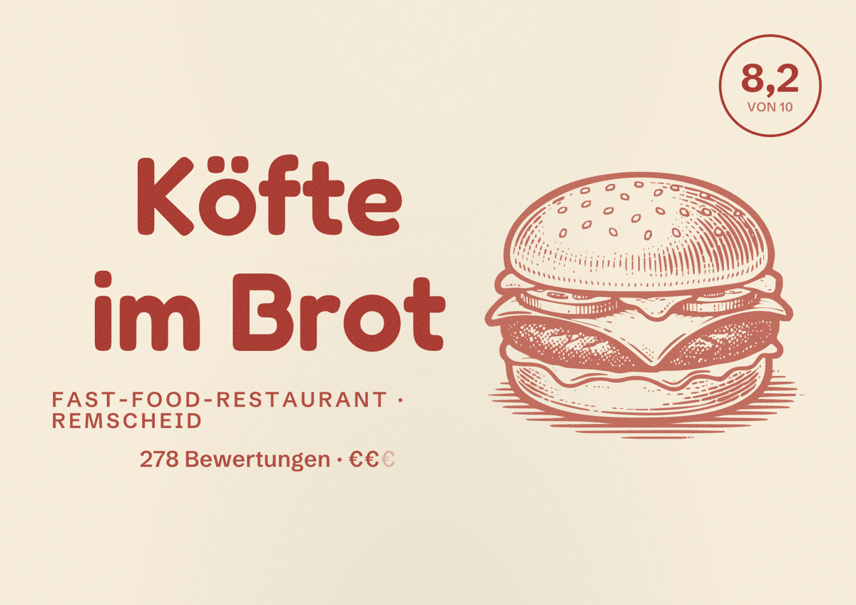 Illustriertes Poster von Köfte im Brot, Fast-Food-Restaurant in Remscheid: Bewertung 8,2 von 10 aus 278 Bewertungen, Preisniveau €€