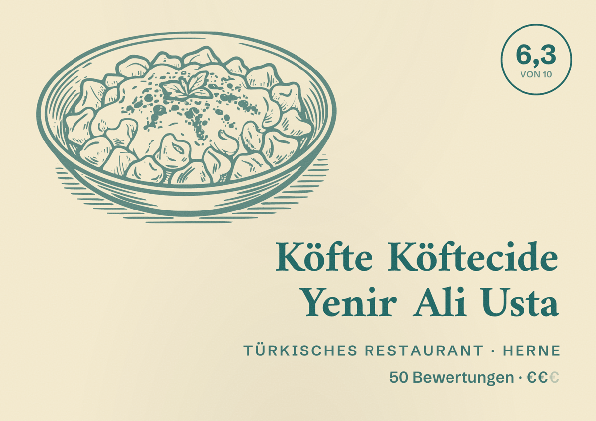 Illustriertes Poster von Köfte Köftecide Yenir Ali Usta, Türkisches Restaurant in Herne: Bewertung 6,3 von 10 aus 50 Bewertungen, Preisniveau €€