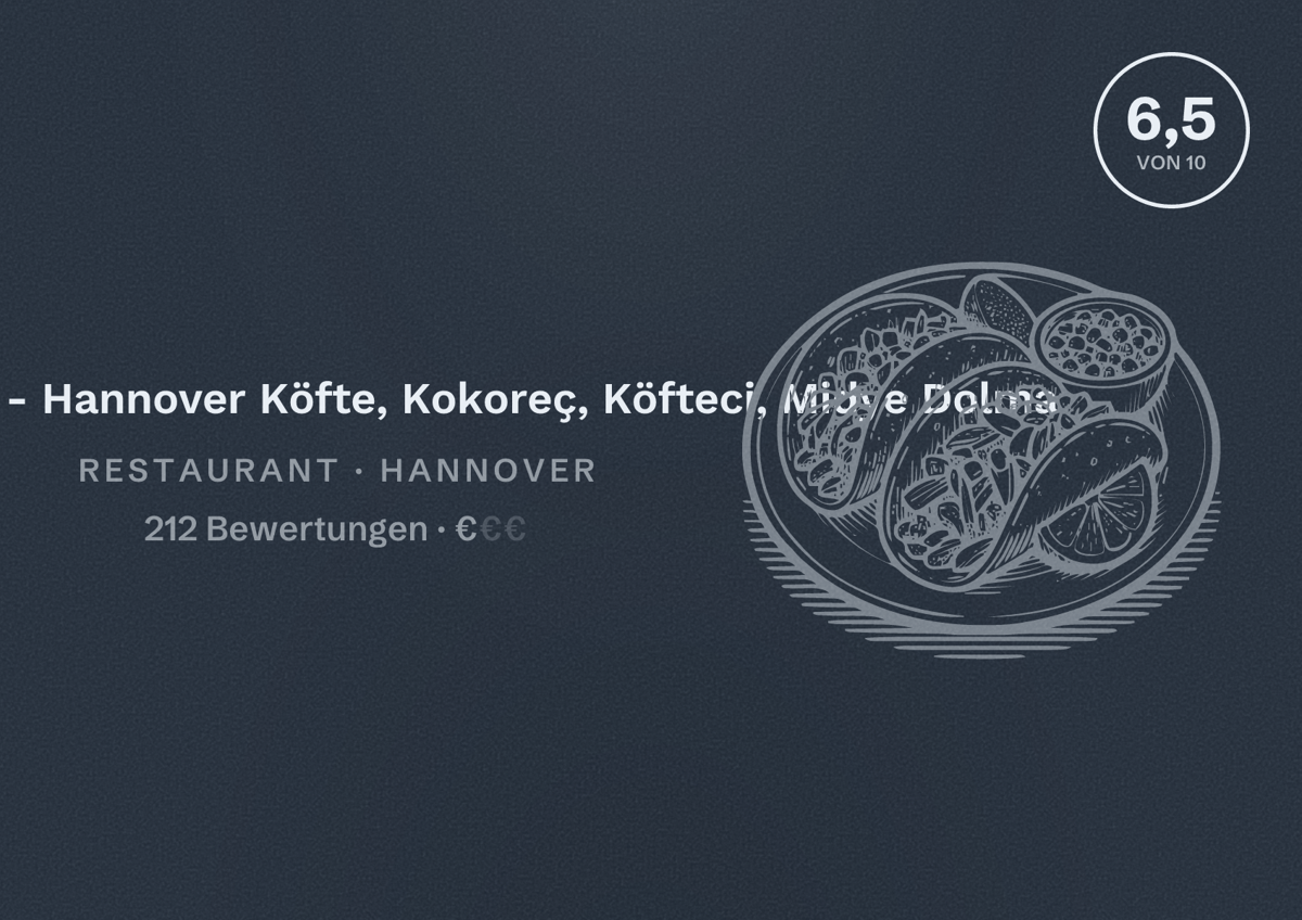 Illustriertes Poster von Köfte Land - Hannover Köfte, Kokoreç, Köfteci, Midye Dolma, Restaurant in Hannover: Bewertung 6,5 von 10 aus 212 Bewertungen, Preisniveau €
