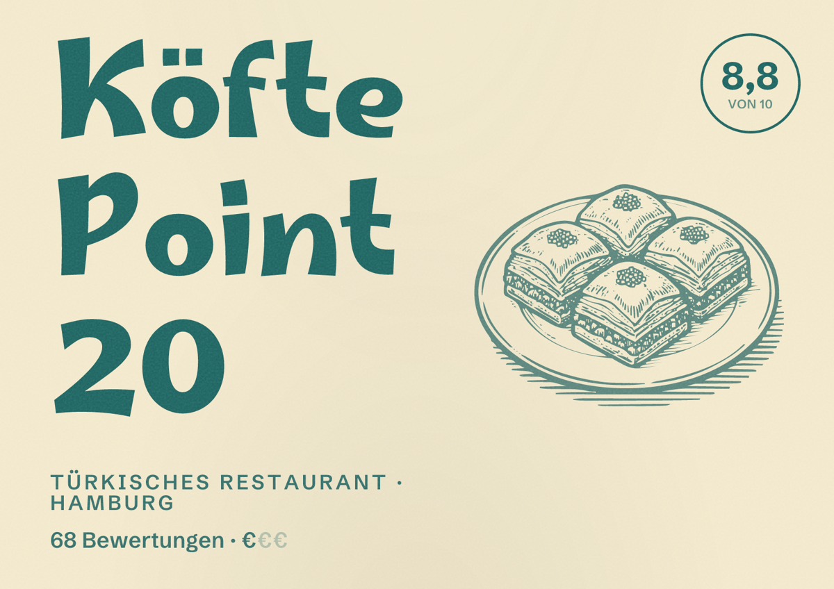 Illustriertes Poster von Köfte Point 20, Türkisches Restaurant in Hamburg: Bewertung 8,8 von 10 aus 68 Bewertungen, Preisniveau €