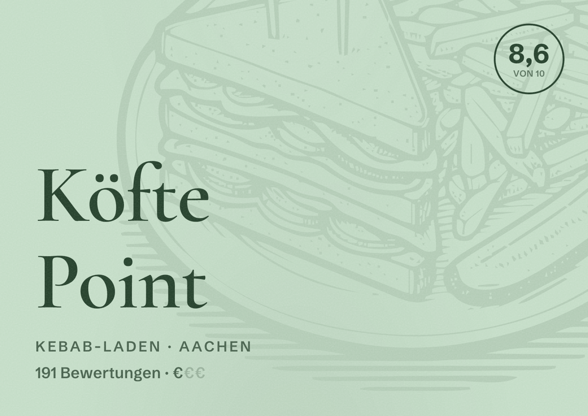 Illustriertes Poster von Köfte Point, Kebab-Laden in Aachen: Bewertung 8,6 von 10 aus 191 Bewertungen, Preisniveau €
