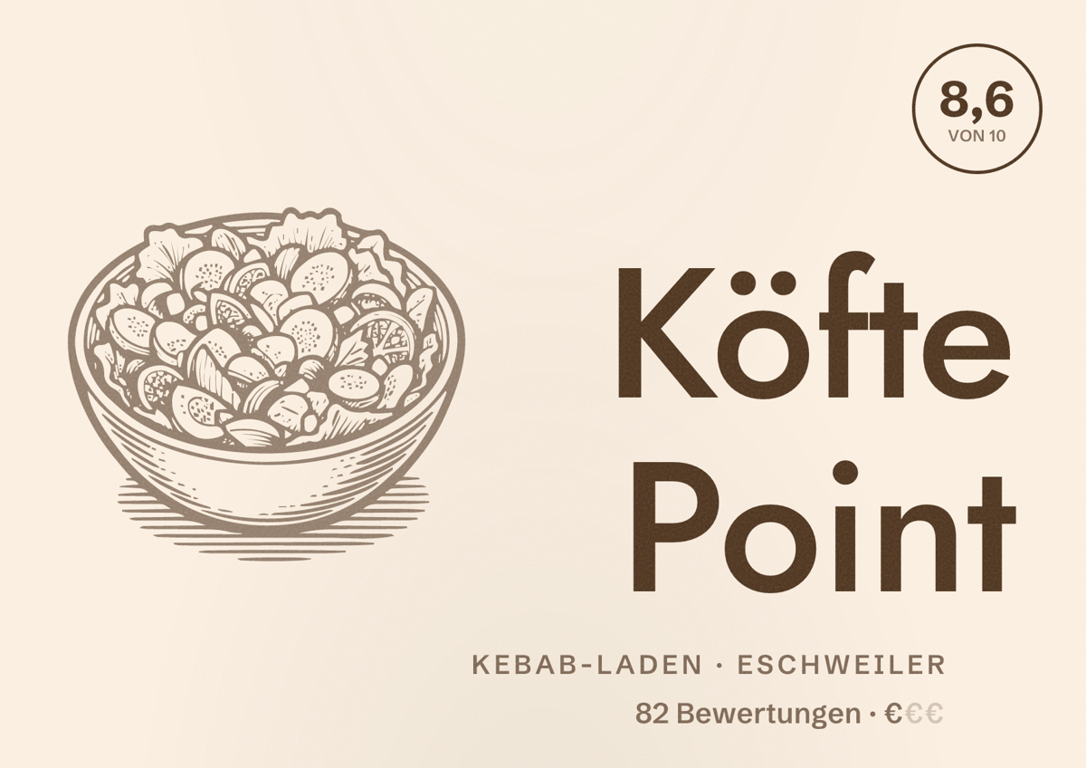 Illustriertes Poster von Köfte Point, Kebab-Laden in Eschweiler: Bewertung 8,6 von 10 aus 82 Bewertungen, Preisniveau €