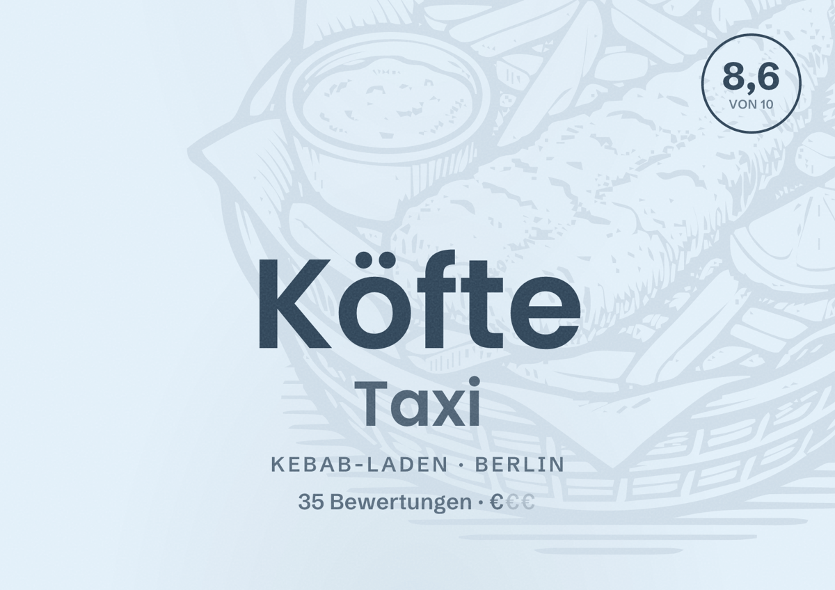 Illustriertes Poster von Köfte Taxi, Kebab-Laden in Berlin: Bewertung 8,6 von 10 aus 35 Bewertungen, Preisniveau €