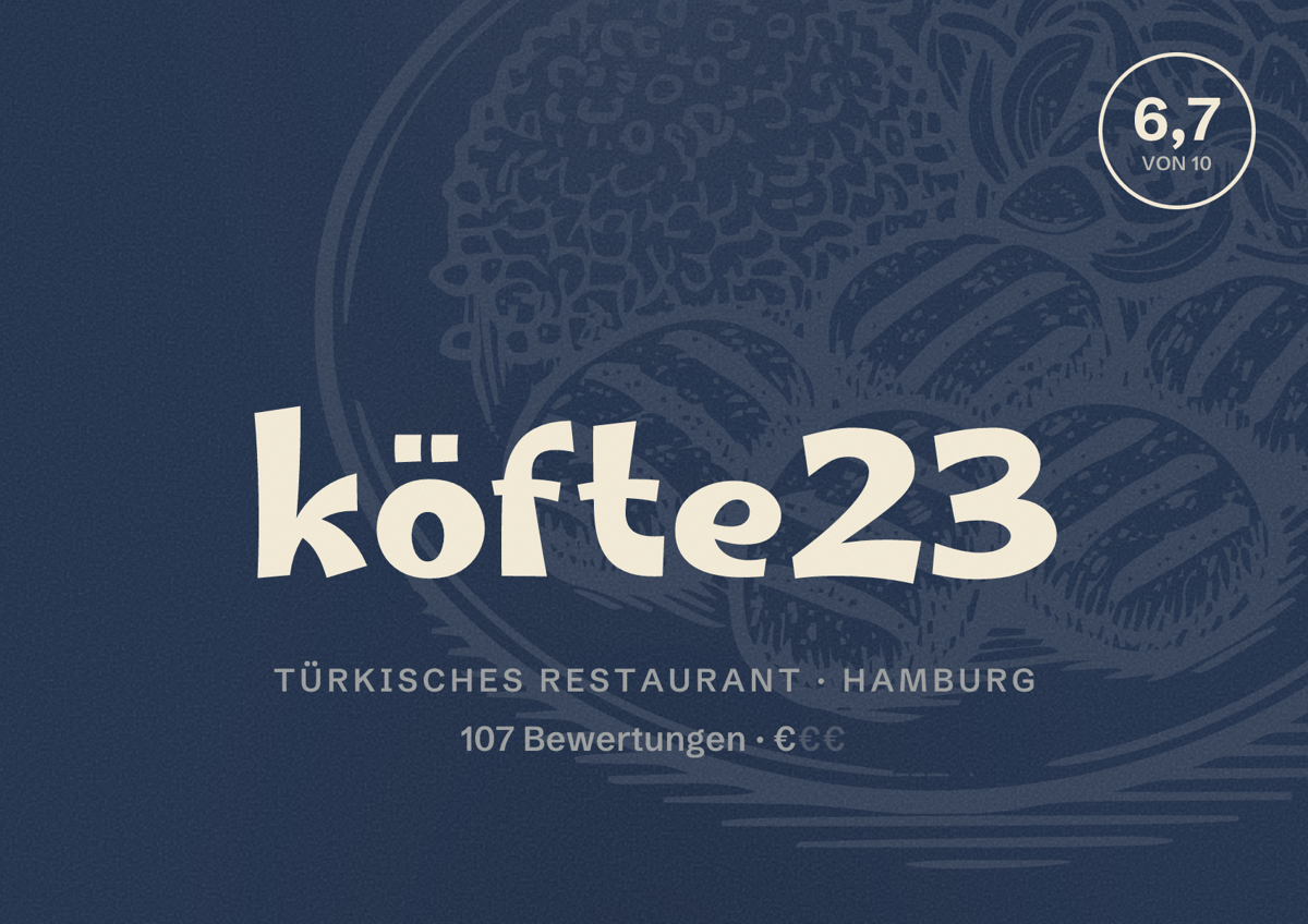 Illustriertes Poster von köfte23, Türkisches Restaurant in Hamburg: Bewertung 6,7 von 10 aus 107 Bewertungen, Preisniveau €