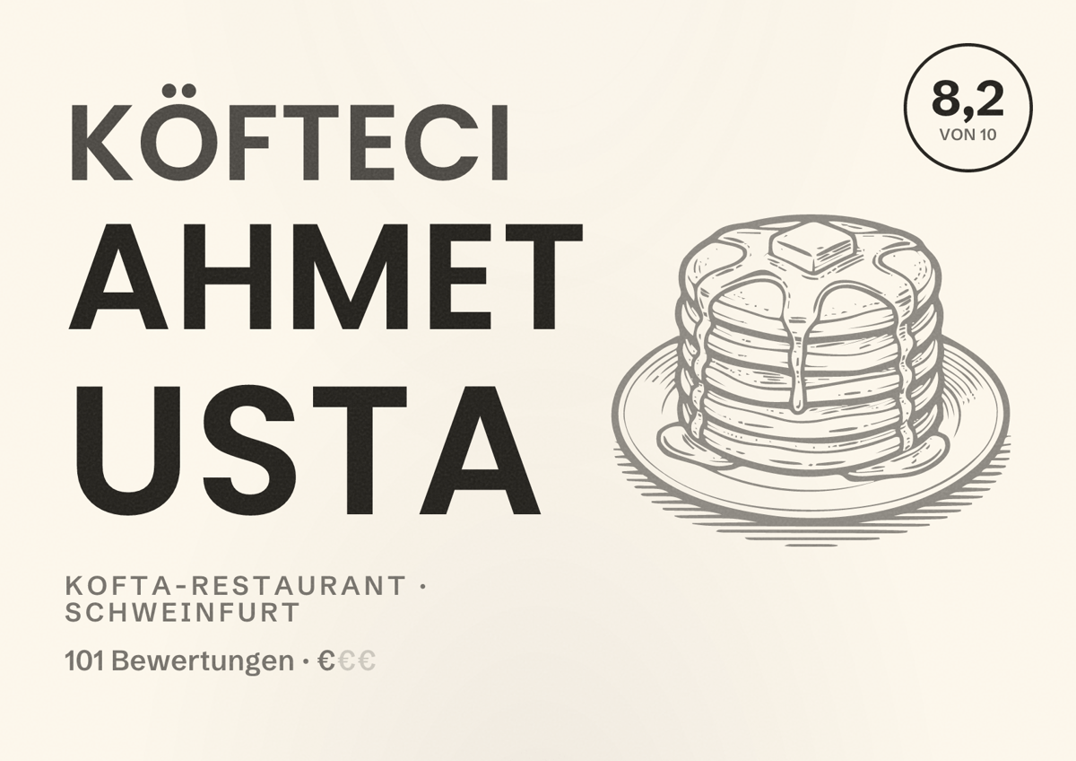 Illustriertes Poster von Köfteci Ahmet Usta, Kofta-Restaurant in Schweinfurt: Bewertung 8,2 von 10 aus 101 Bewertungen, Preisniveau €