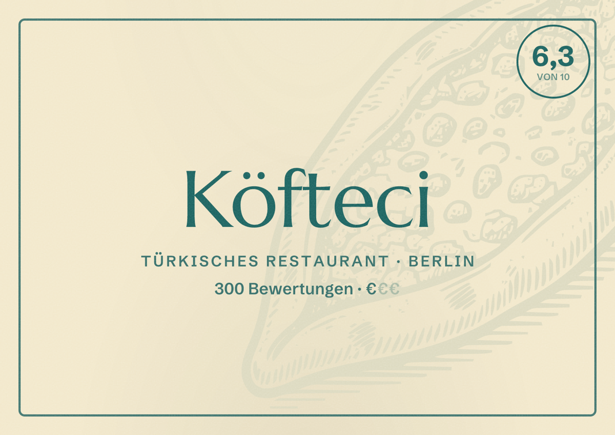 Illustriertes Poster von Köfteci, Türkisches Restaurant in Berlin: Bewertung 6,3 von 10 aus 300 Bewertungen, Preisniveau €
