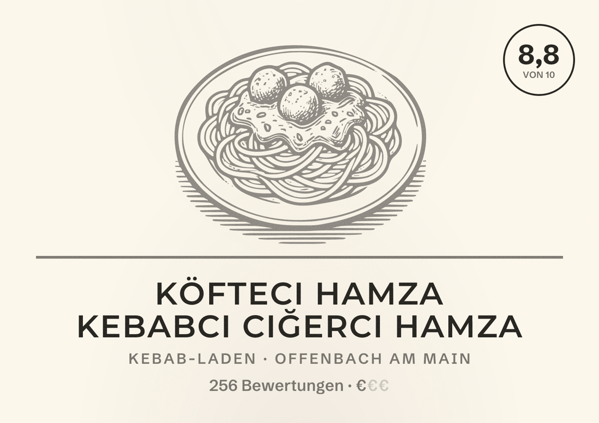Illustriertes Poster von Köfteci Hamza Kebabcı ciğerci Hamza, Kebab-Laden in Offenbach am Main: Bewertung 8,8 von 10 aus 256 Bewertungen, Preisniveau €