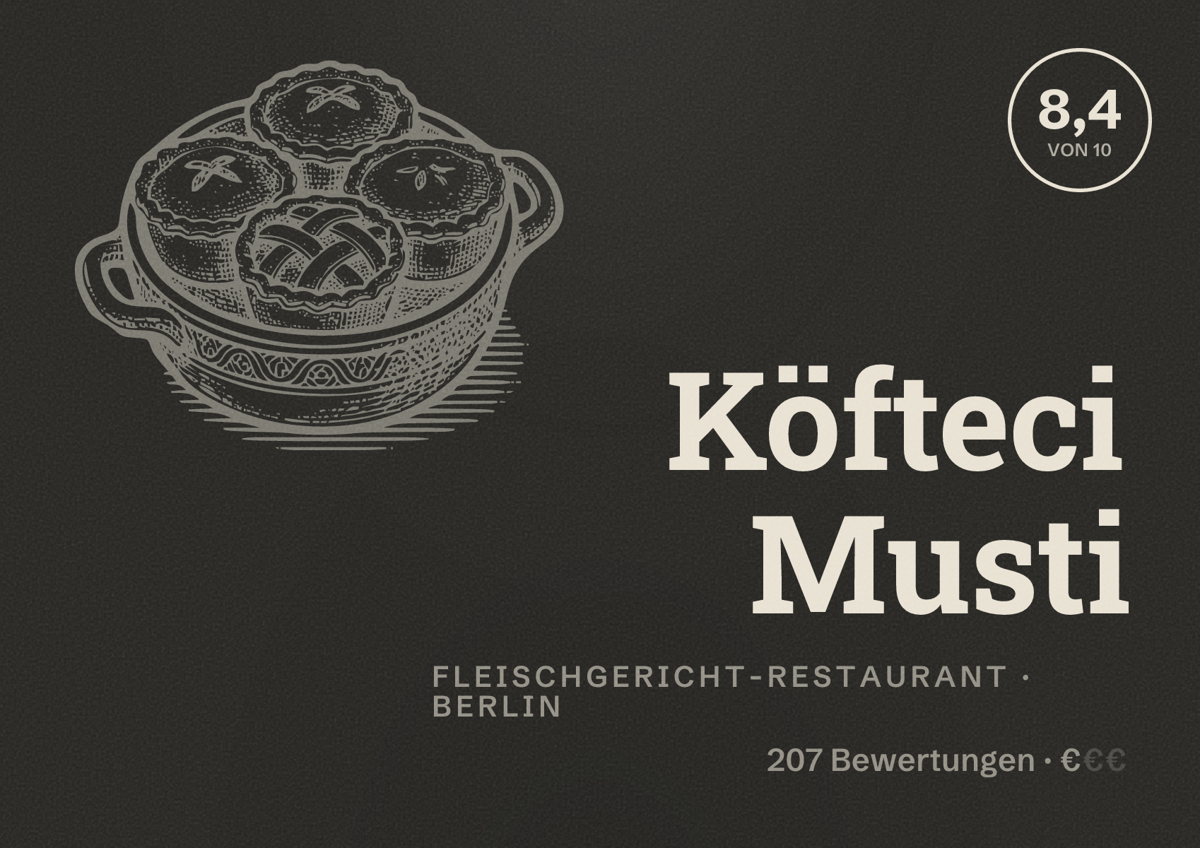 Illustriertes Poster von Köfteci Musti, Fleischgericht-Restaurant in Berlin: Bewertung 8,4 von 10 aus 207 Bewertungen, Preisniveau €