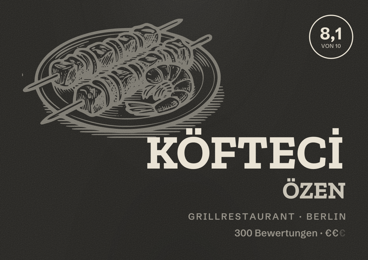 Illustriertes Poster von KÖFTECİ ÖZEN, Grillrestaurant in Berlin: Bewertung 8,1 von 10 aus 300 Bewertungen, Preisniveau €€
