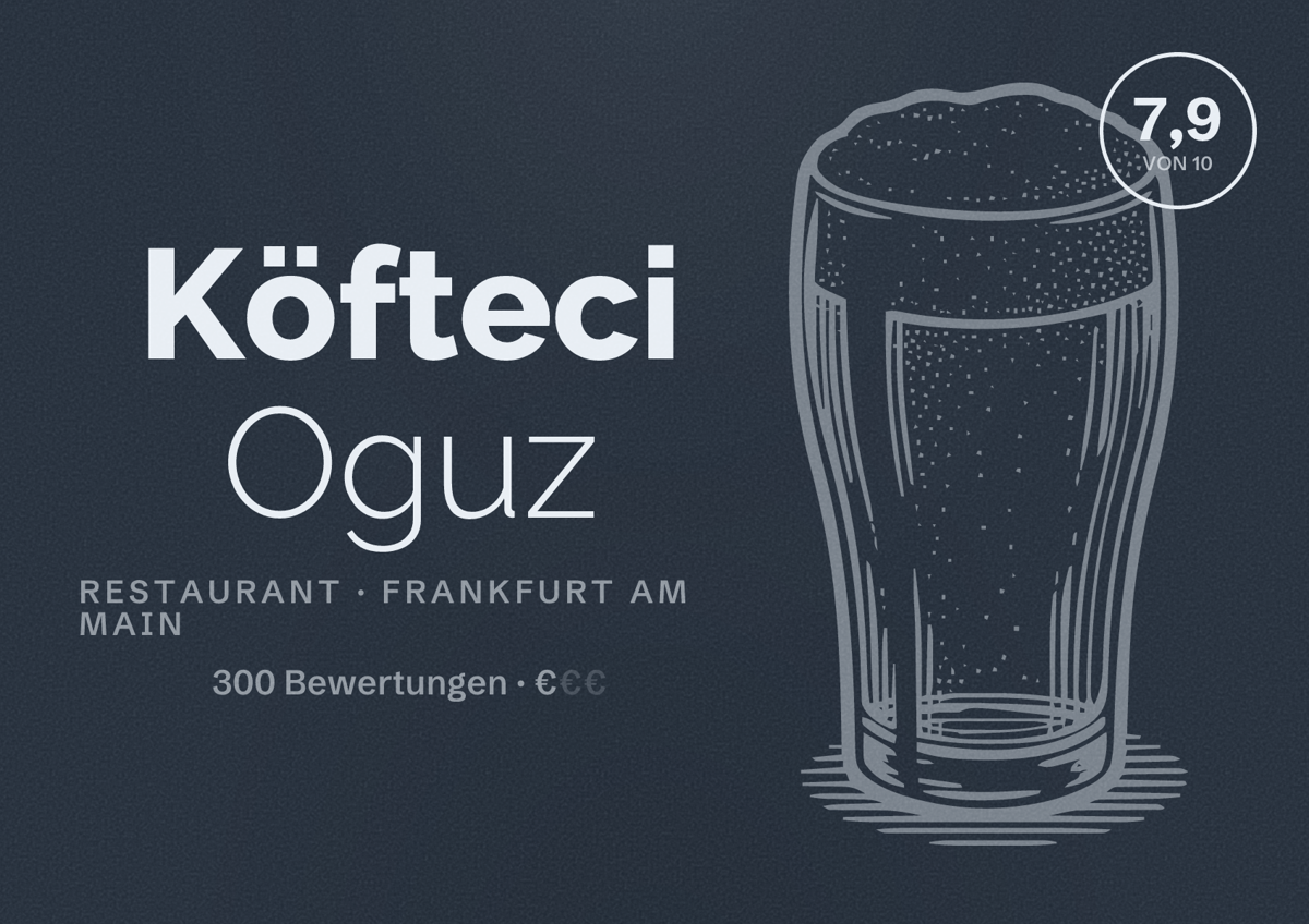 Illustriertes Poster von Köfteci Oguz, Restaurant in Frankfurt am Main: Bewertung 7,9 von 10 aus 300 Bewertungen, Preisniveau €