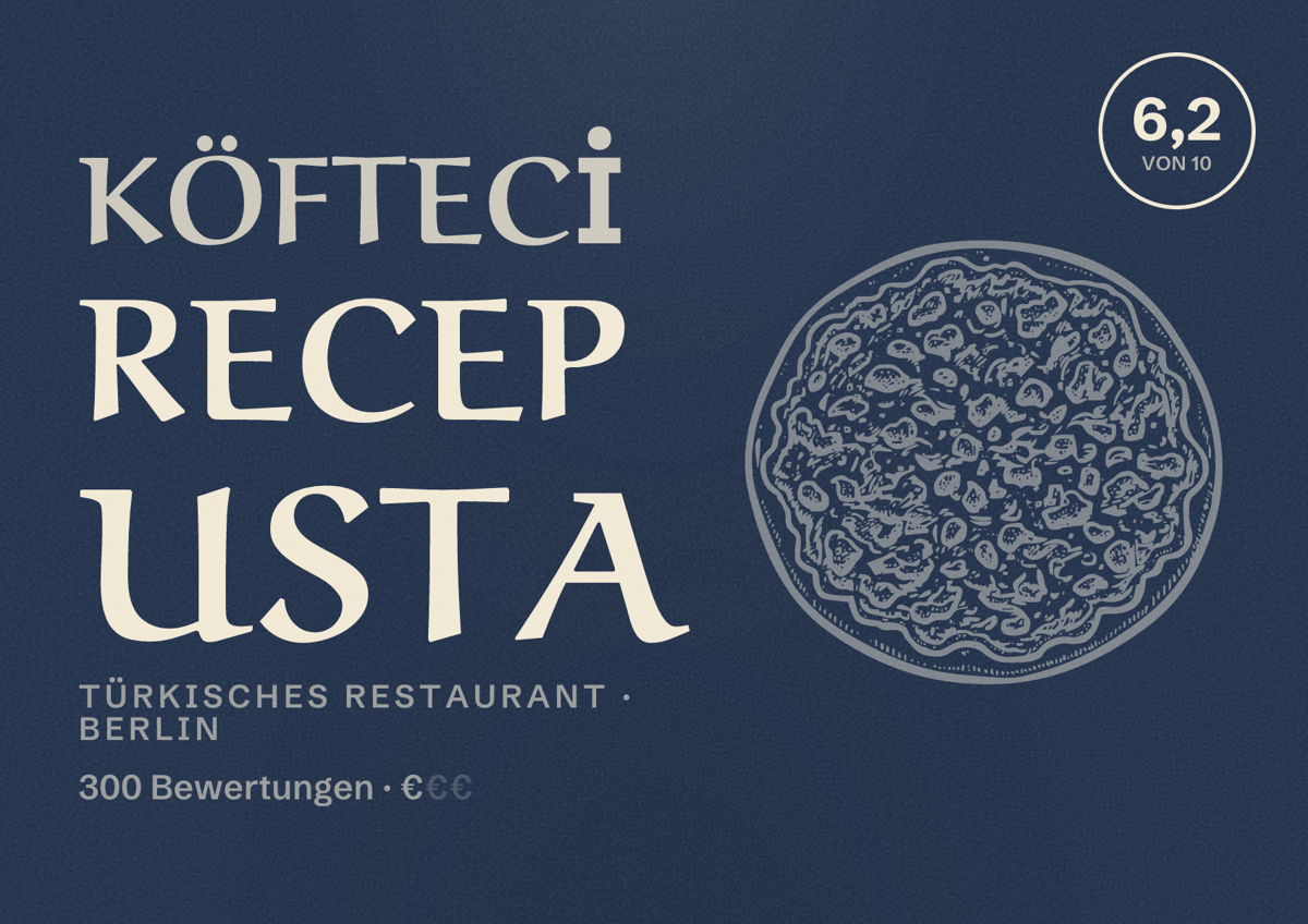 Illustriertes Poster von KÖFTECİ Recep Usta, Türkisches Restaurant in Berlin: Bewertung 6,2 von 10 aus 300 Bewertungen, Preisniveau €