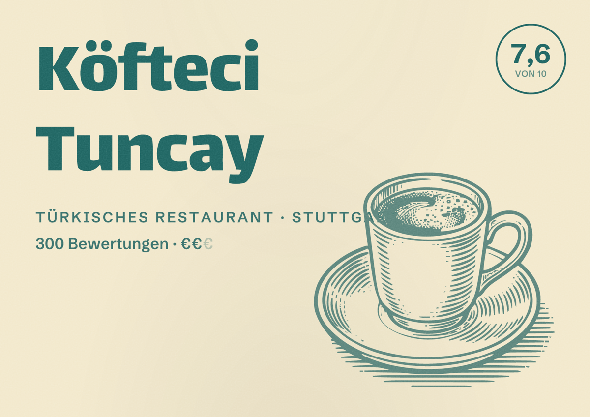 Illustriertes Poster von Köfteci Tuncay, Türkisches Restaurant in Stuttgart: Bewertung 7,6 von 10 aus 300 Bewertungen, Preisniveau €€