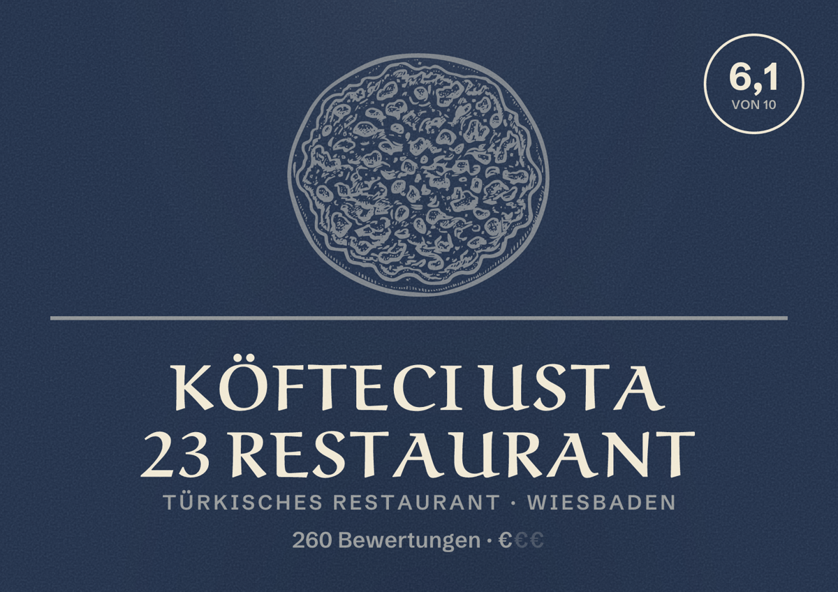 Illustriertes Poster von Köfteci Usta 23 Restaurant, Türkisches Restaurant in Wiesbaden: Bewertung 6,1 von 10 aus 260 Bewertungen, Preisniveau €