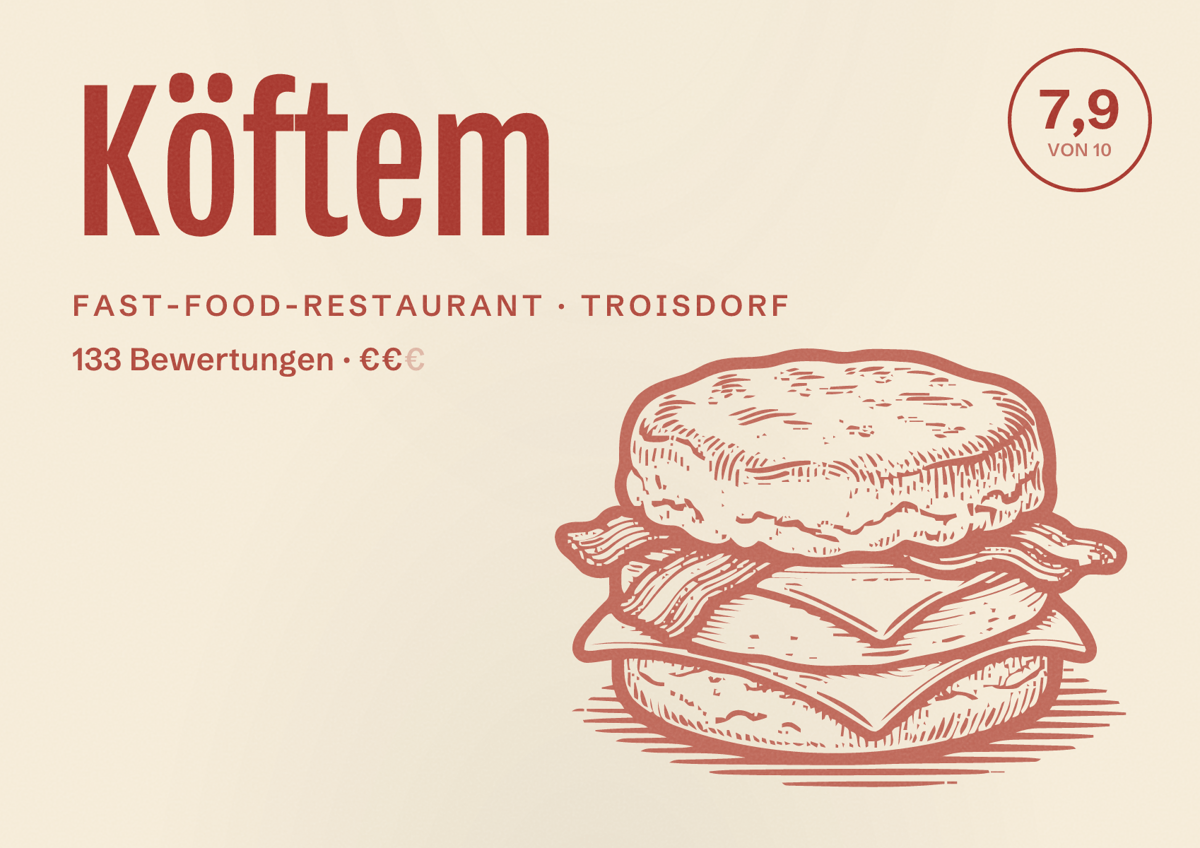 Illustriertes Poster von Köftem, Fast-Food-Restaurant in Troisdorf: Bewertung 7,9 von 10 aus 133 Bewertungen, Preisniveau €€