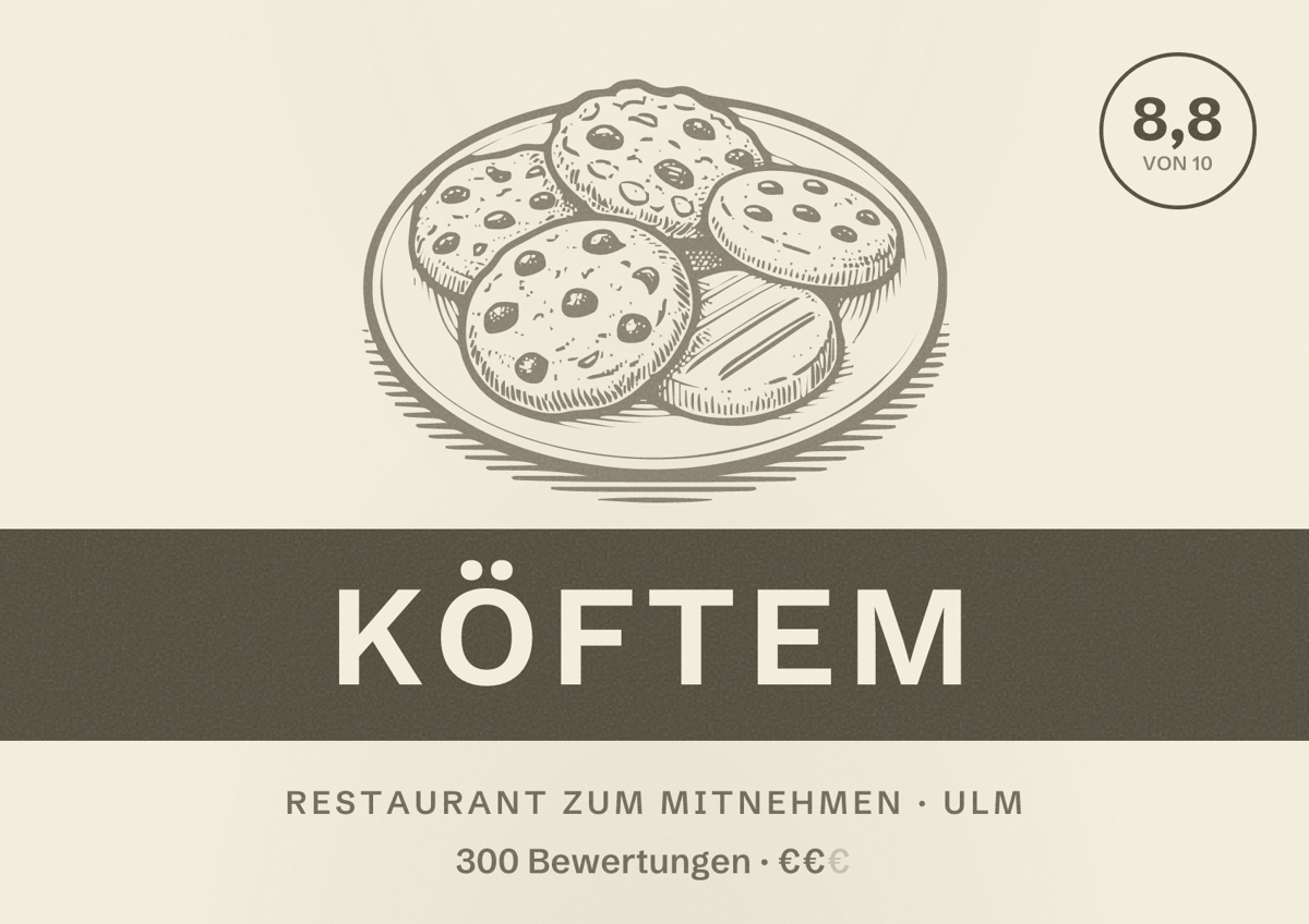 Illustriertes Poster von KÖFTEM, Restaurant zum Mitnehmen in Ulm: Bewertung 8,8 von 10 aus 300 Bewertungen, Preisniveau €€