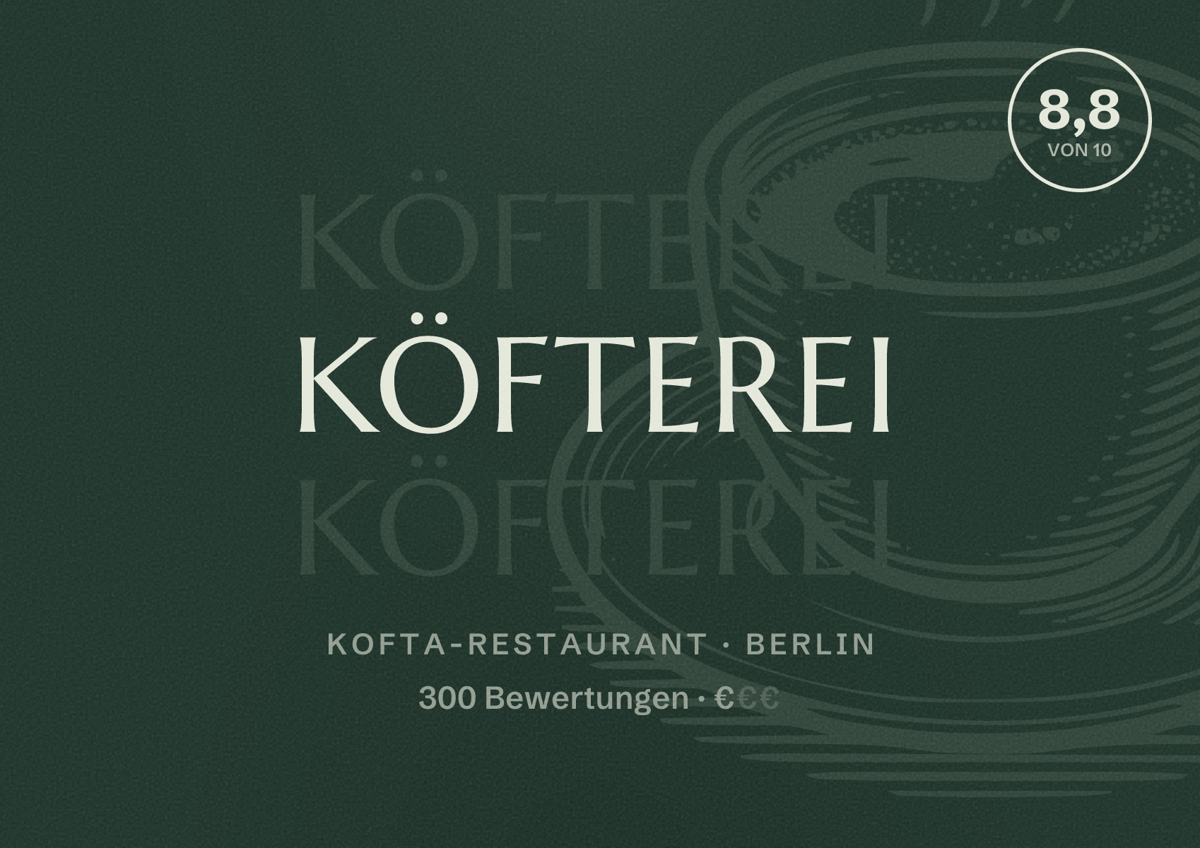 Illustriertes Poster von Köfterei, Kofta-Restaurant in Berlin: Bewertung 8,8 von 10 aus 300 Bewertungen, Preisniveau €
