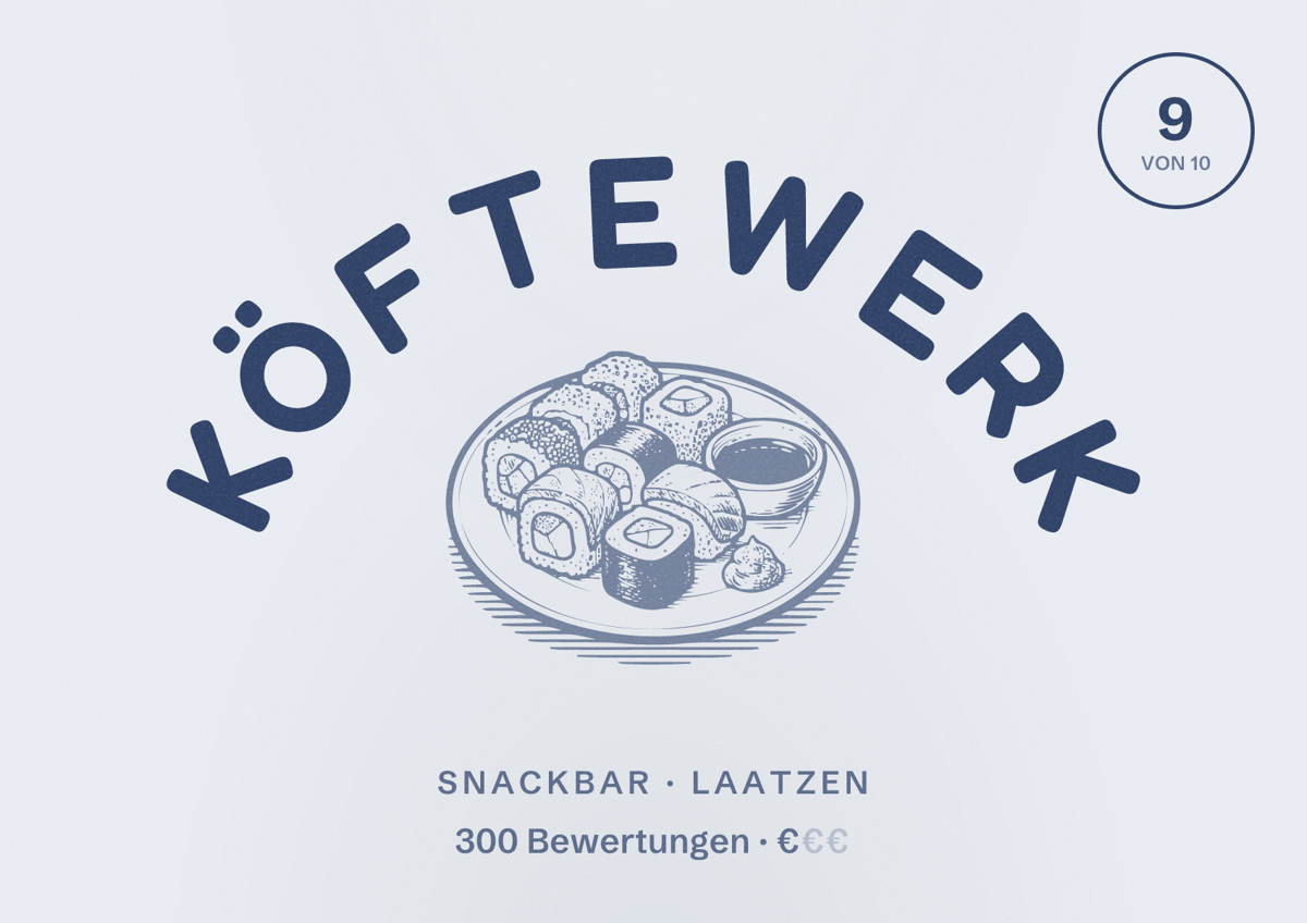 Illustriertes Poster von Köftewerk, Snackbar in Laatzen: Bewertung 9 von 10 aus 300 Bewertungen, Preisniveau €