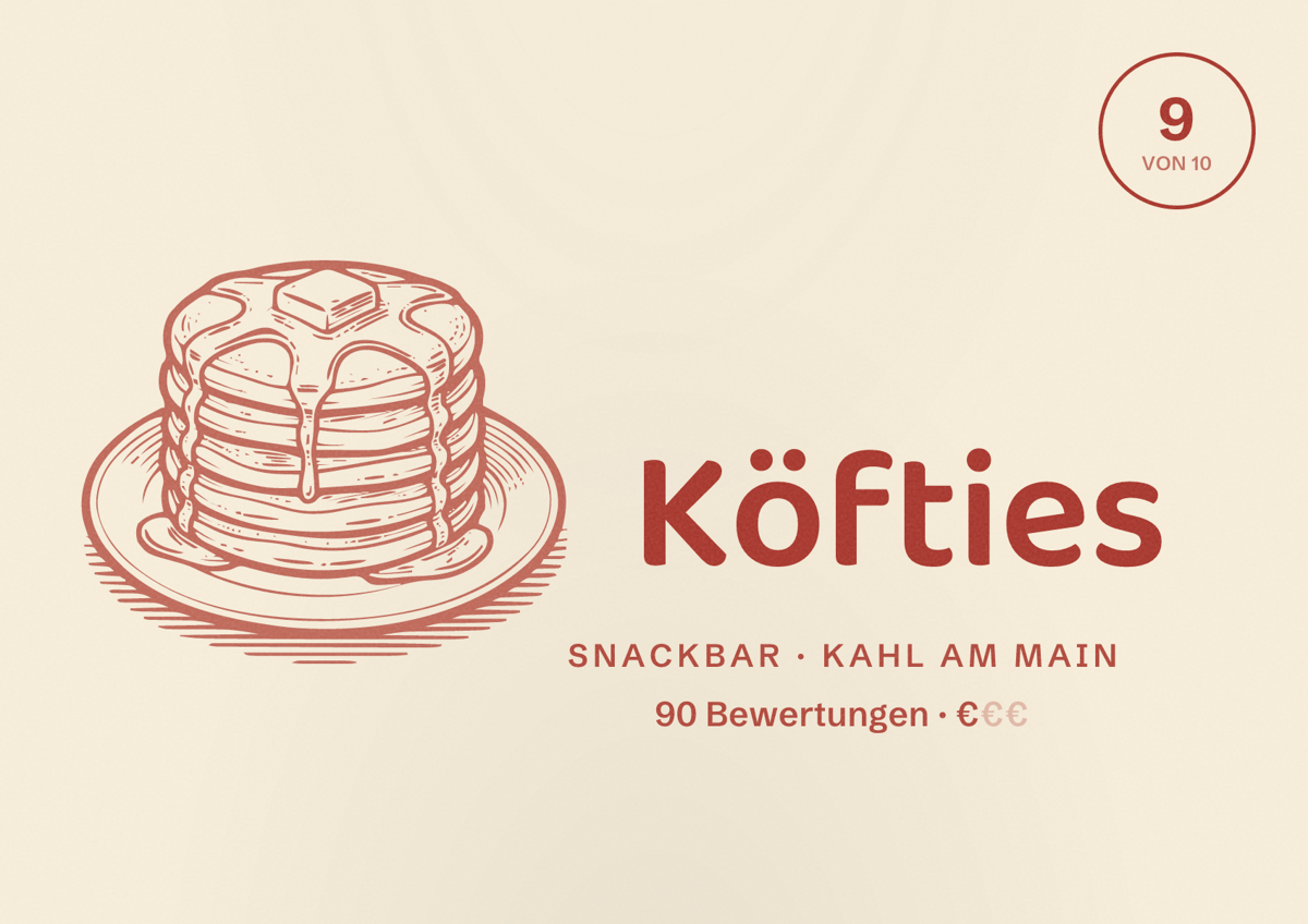 Illustriertes Poster von Köfties, Snackbar in Kahl am Main: Bewertung 9 von 10 aus 90 Bewertungen, Preisniveau €