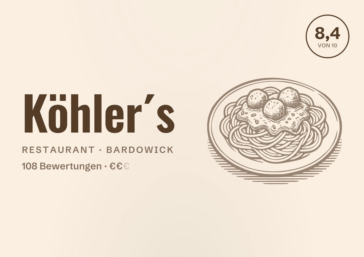 Illustriertes Poster von Köhler´s, Restaurant in Bardowick: Bewertung 8,4 von 10 aus 108 Bewertungen, Preisniveau €€