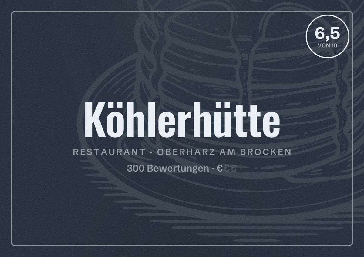Illustriertes Poster von Köhlerhütte, Restaurant in Oberharz am Brocken: Bewertung 6,5 von 10 aus 300 Bewertungen, Preisniveau €