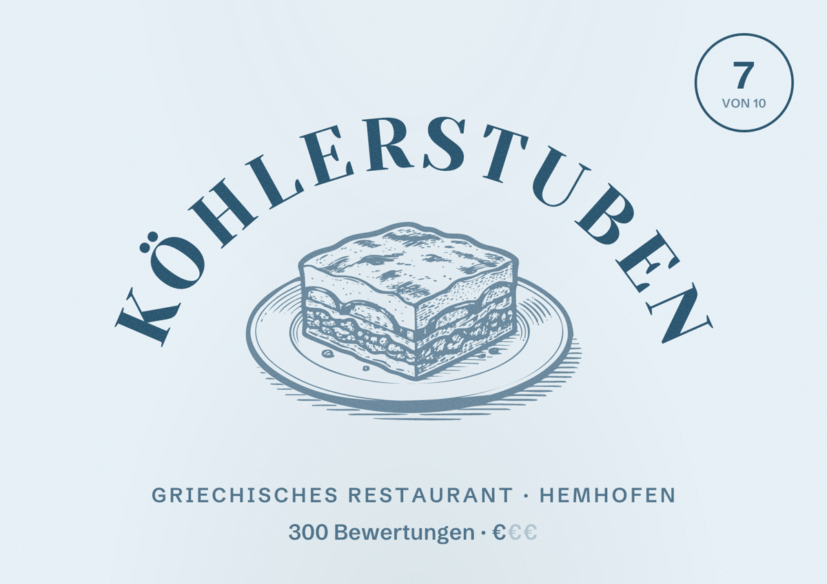 Illustriertes Poster von Köhlerstuben, Griechisches Restaurant in Hemhofen: Bewertung 7 von 10 aus 300 Bewertungen, Preisniveau €
