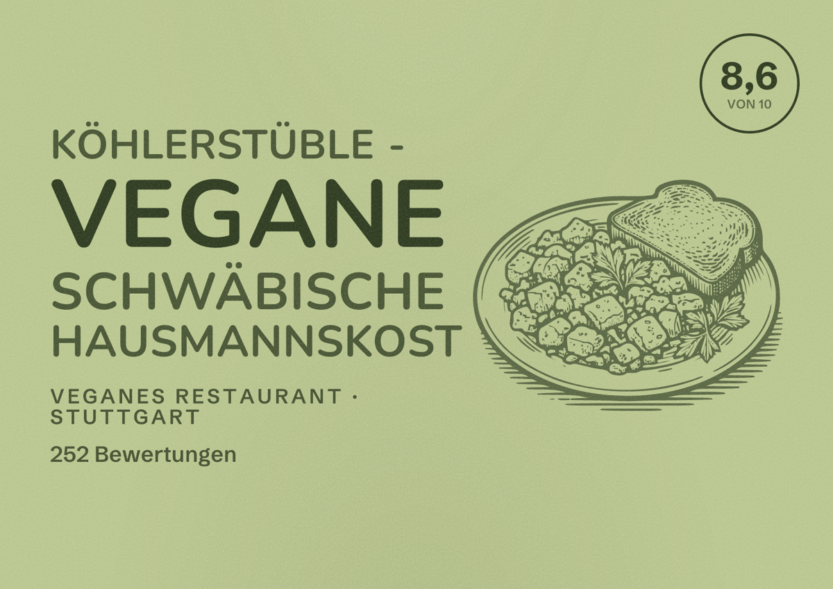 Illustriertes Poster von Köhlerstüble - vegane schwäbische Hausmannskost, Veganes Restaurant in Stuttgart: Bewertung 8,6 von 10 aus 252 Bewertungen