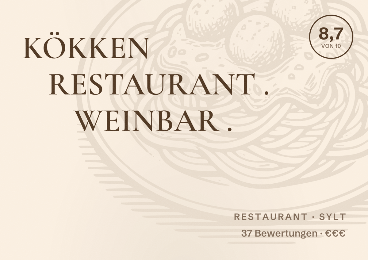 Illustriertes Poster von KÖKKEN RESTAURANT . WEINBAR ., Restaurant in Sylt: Bewertung 8,7 von 10 aus 37 Bewertungen, Preisniveau €€€