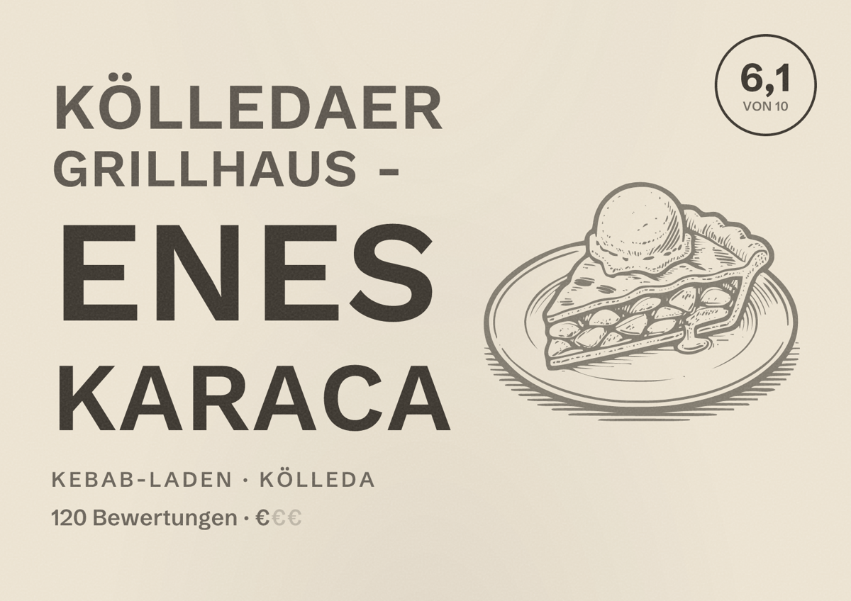 Illustriertes Poster von Kölledaer Grillhaus - Enes Karaca, Kebab-Laden in Kölleda: Bewertung 6,1 von 10 aus 120 Bewertungen, Preisniveau €