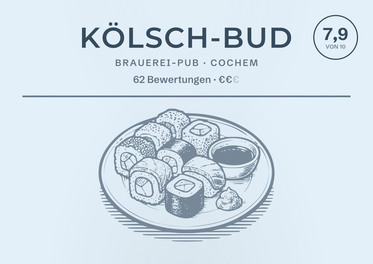 Illustriertes Poster von Kölsch-Bud, Brauerei-Pub in Cochem: Bewertung 7,9 von 10 aus 62 Bewertungen, Preisniveau €€