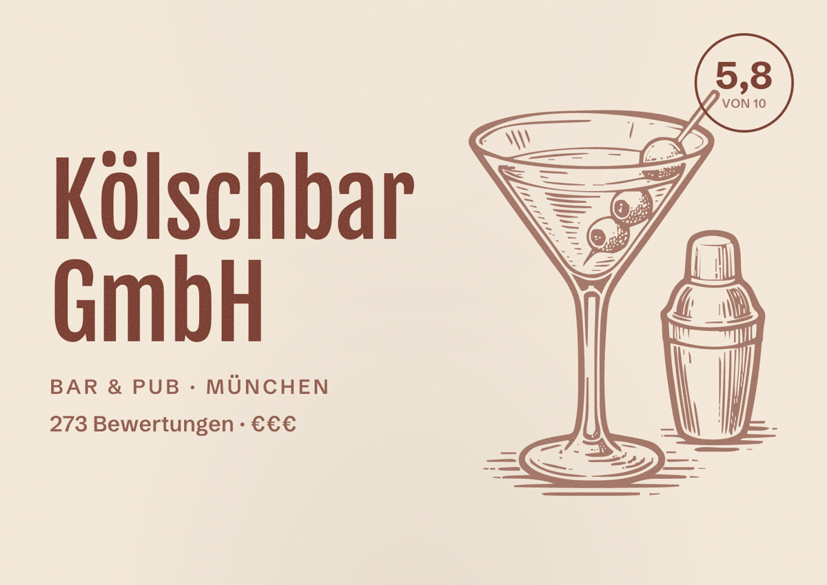 Illustriertes Poster von Kölschbar GmbH, Bar & Pub in München: Bewertung 5,8 von 10 aus 273 Bewertungen, Preisniveau €€€