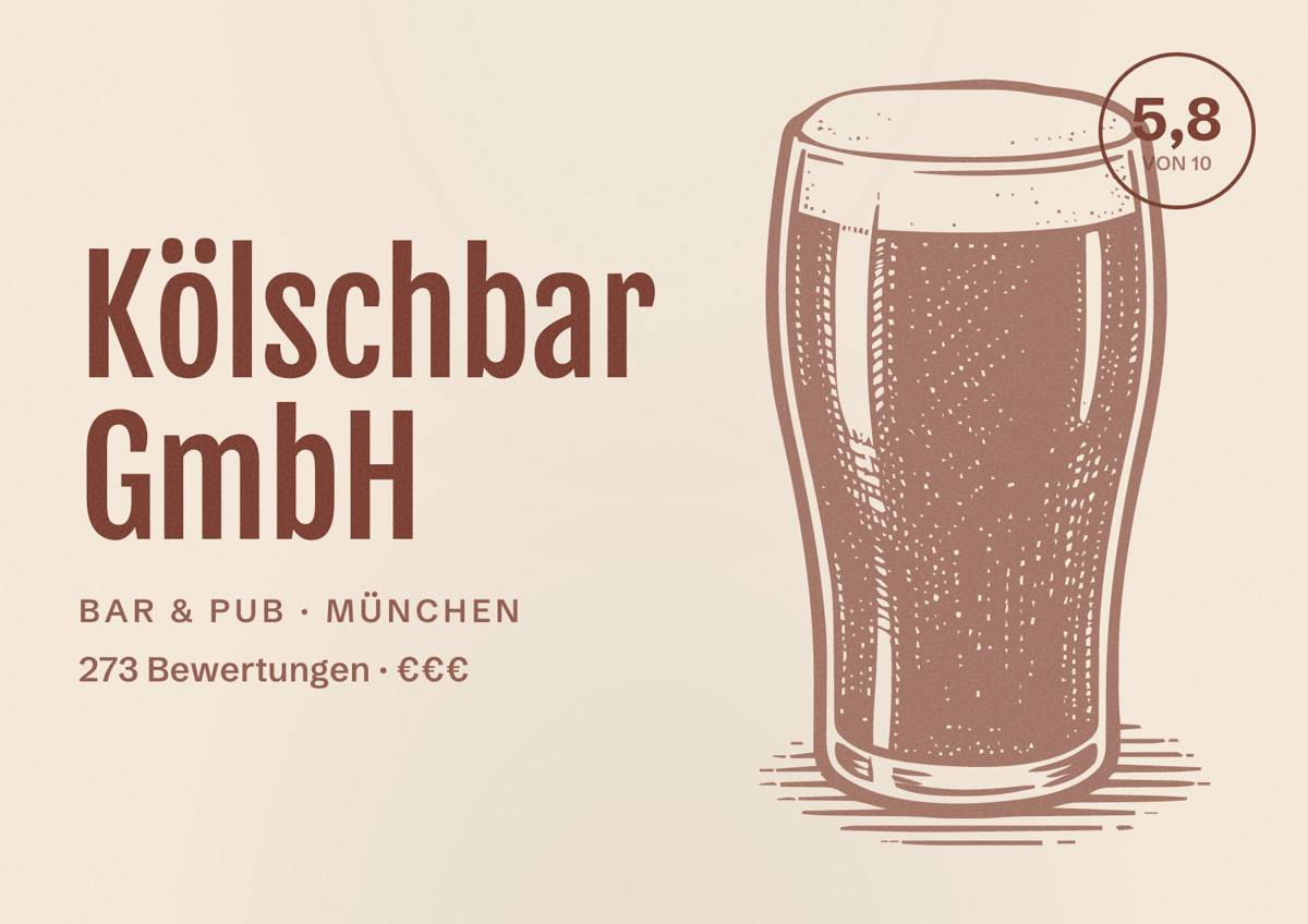 Illustriertes Poster von Kölschbar GmbH, Bar & Pub in München: Bewertung 5,8 von 10 aus 273 Bewertungen, Preisniveau €€€