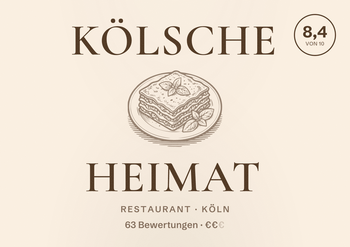 Illustriertes Poster von Kölsche Heimat, Restaurant in Köln: Bewertung 8,4 von 10 aus 63 Bewertungen, Preisniveau €€