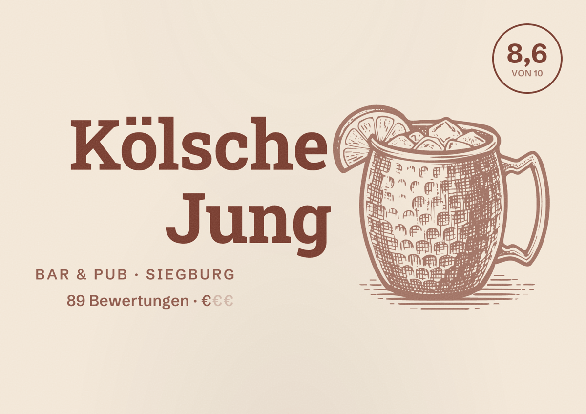 Illustriertes Poster von Kölsche Jung, Bar & Pub in Siegburg: Bewertung 8,6 von 10 aus 89 Bewertungen, Preisniveau €
