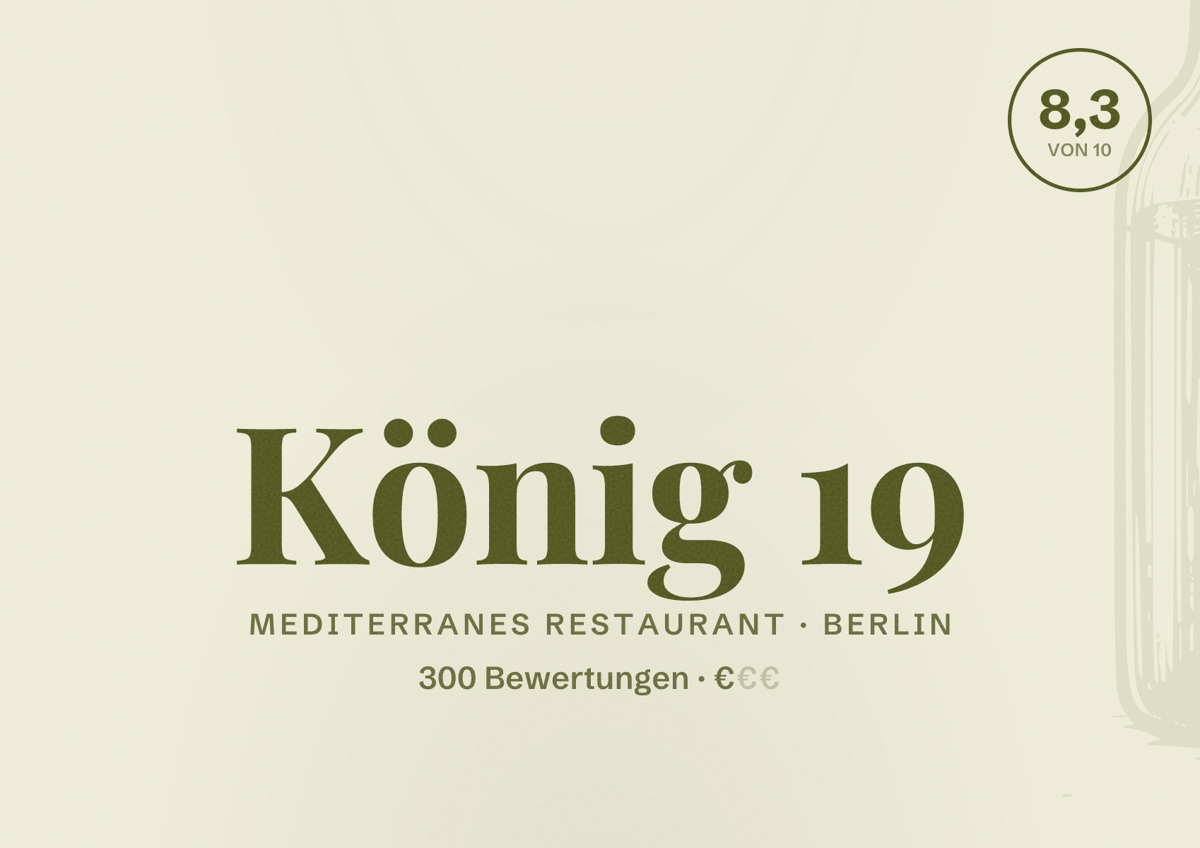 Illustriertes Poster von König 19, Mediterranes Restaurant in Berlin: Bewertung 8,3 von 10 aus 300 Bewertungen, Preisniveau €
