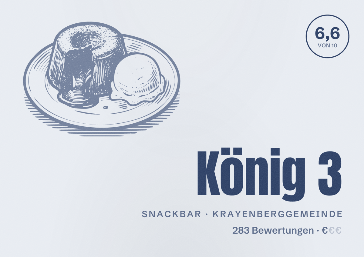 Illustriertes Poster von König 3, Snackbar in Krayenberggemeinde: Bewertung 6,6 von 10 aus 283 Bewertungen, Preisniveau €